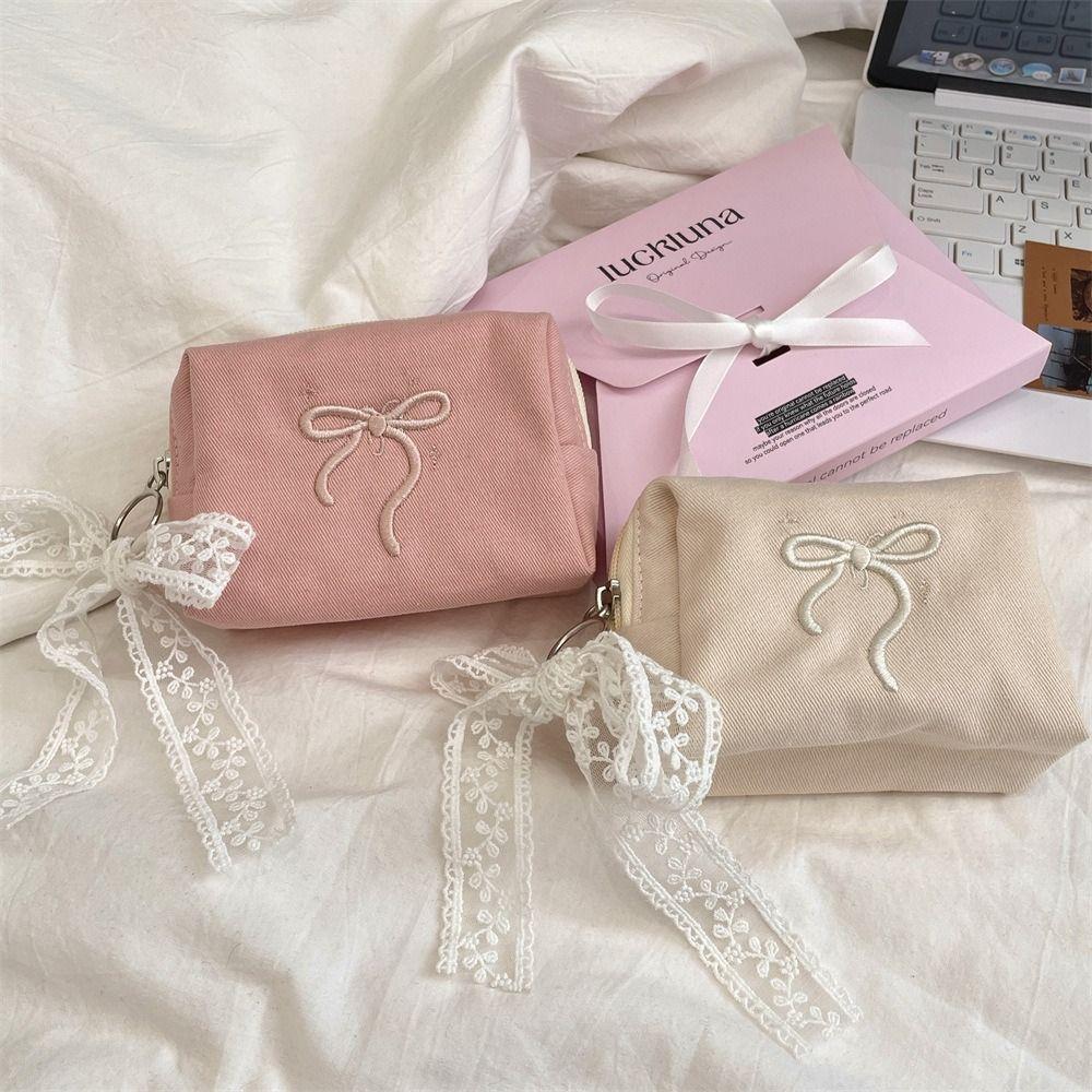 

Portable Bow Coin Purse with Lace Ribbon Sanitary Napkin Storage Bag Cute Zero Wallet Earphone Pink