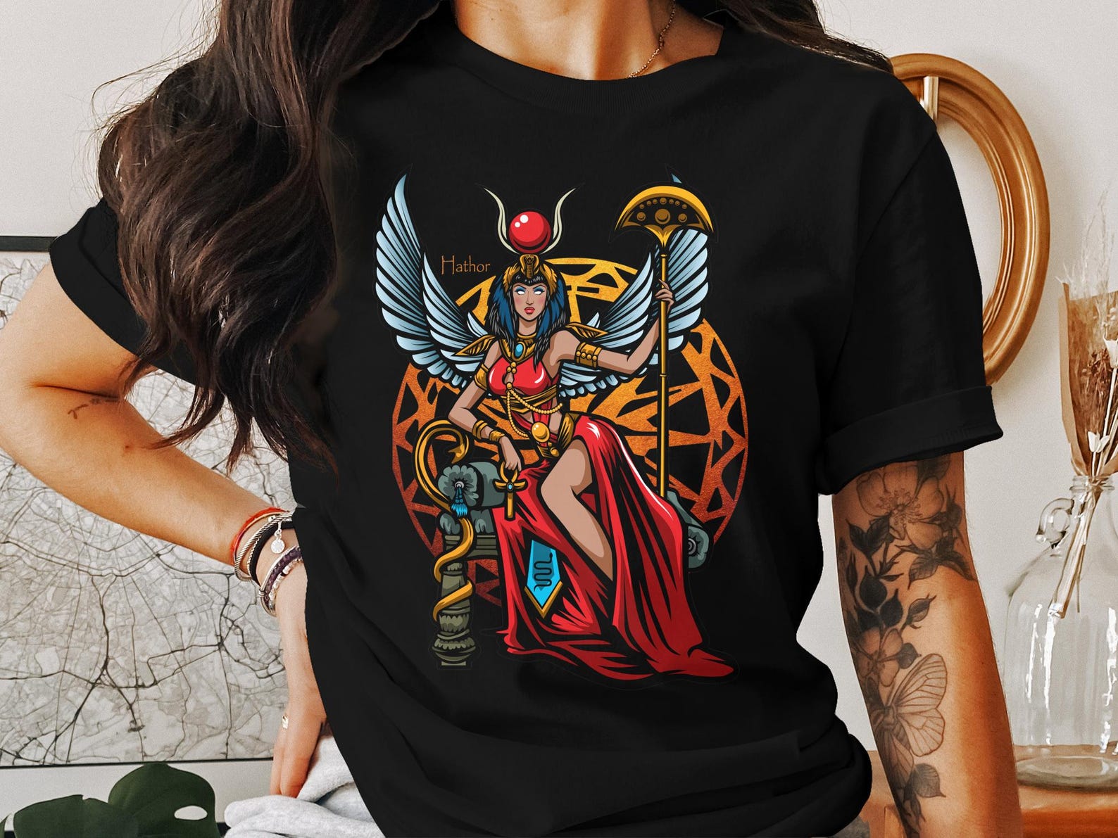 Ancient Egyptian Goddess Hathor T-Shirt, Egyptian Mythology Deity Graphic Tee, History of Egypt T-Shirt, Spiritual Gift Shirt S