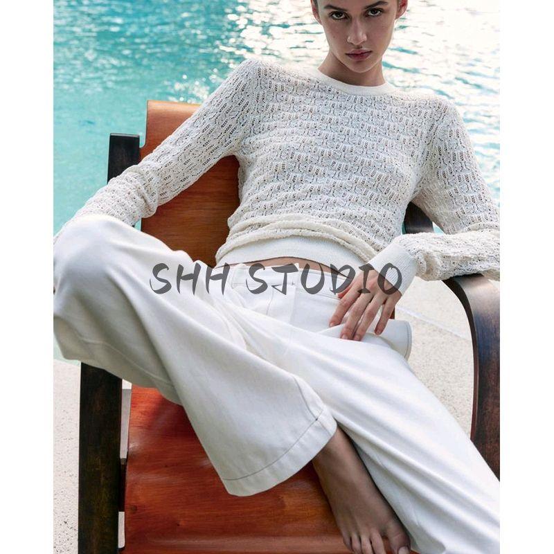 Spring New Women's Clothing Fashion Style Jacquard Mesh Long Sleeves Round Neck Cut Out Simple Knitwear 3471010