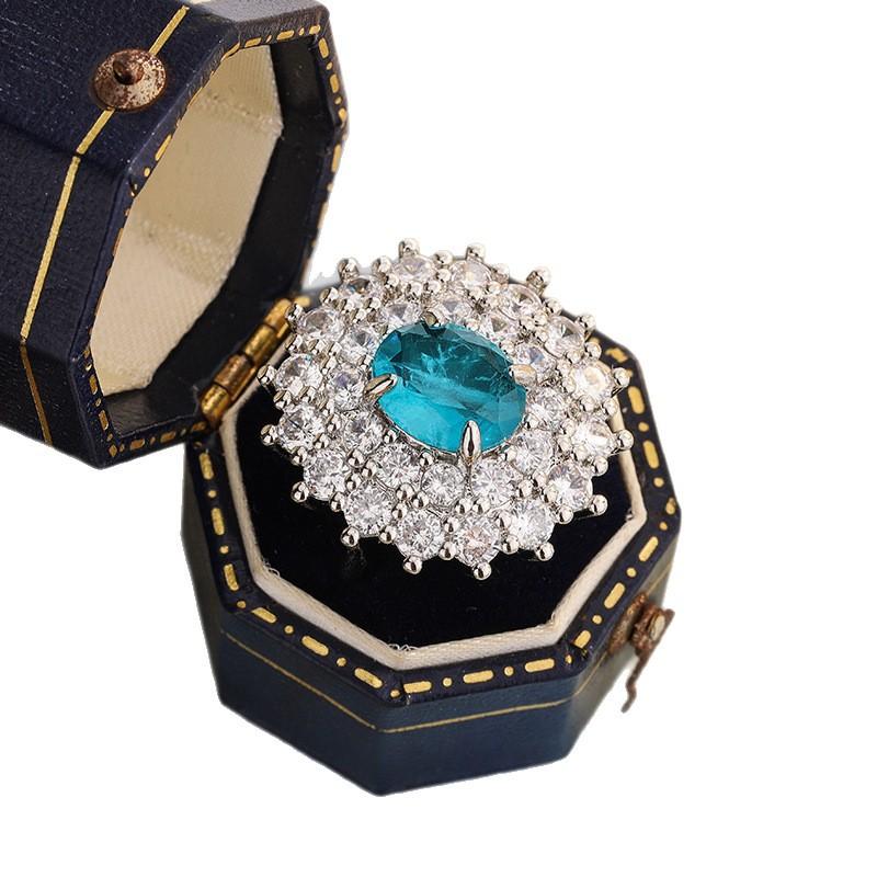Premium Retro Blue Imitation Natural Paraiba Light Luxury Light Blue Zircon Jewelry Temperament Ring