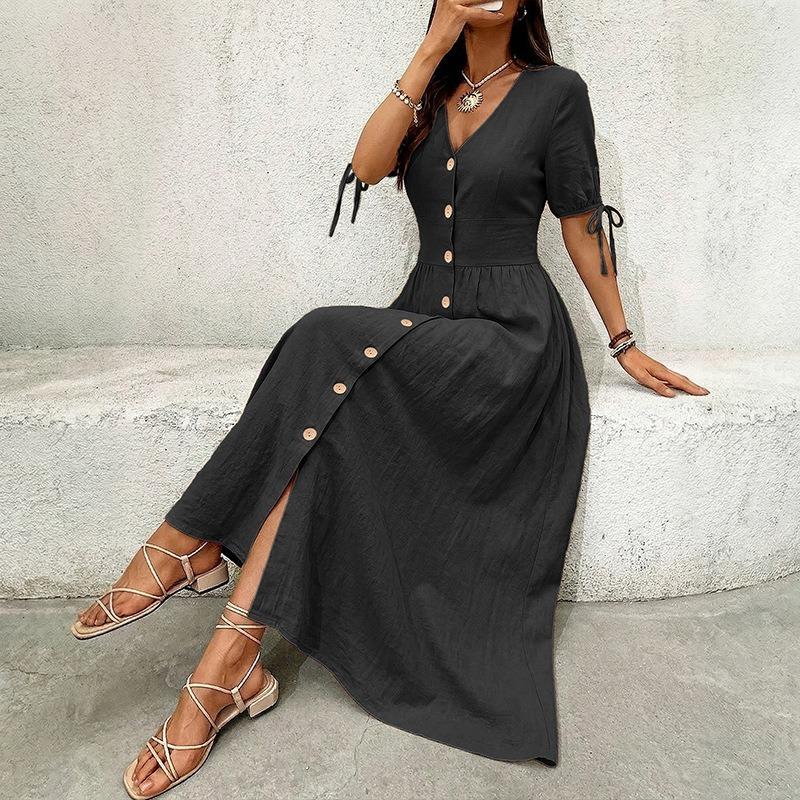 Abiti casual a vita alta con scollo a V a maniche corte con stampa tinta unita primavera estate moda donna