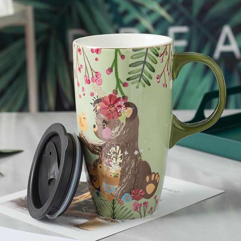 Creative Cartoon Ceramic Cup Large Capacity Drinking Cup with Lid Home Office Coffee Cup High value Couple Mug