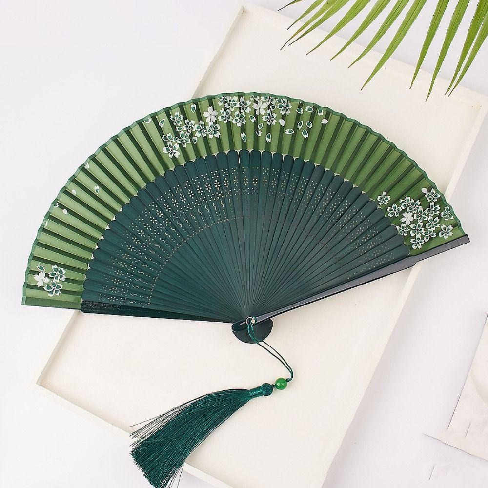 Elegant Carved Bamboo Folding Fan Flower Tassel Folding Fan Portable Handheld Fan  Wedding