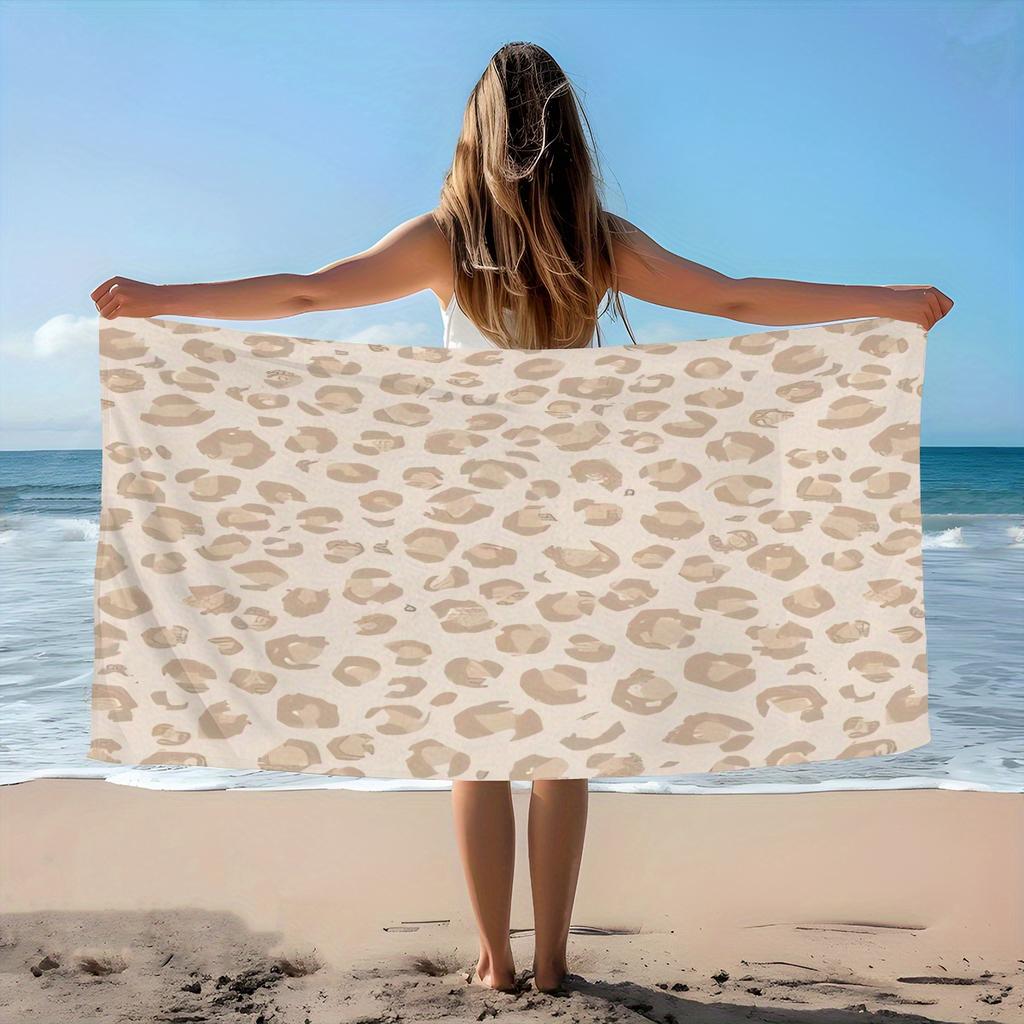 Oversized Beige Leopard Patterned Beach Towel, Ultra Soft Quick Dry Microfiber for Beach Pool