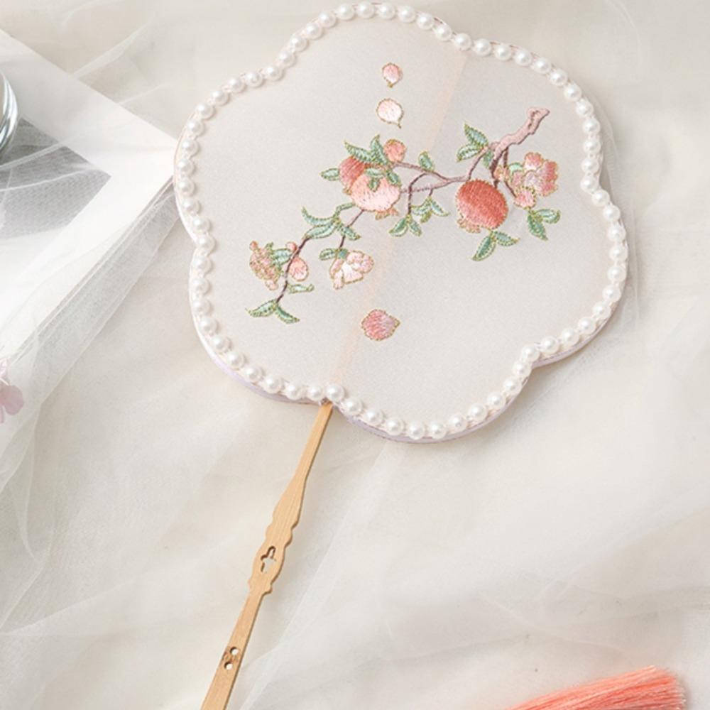 Handmade Embroidery Ancient Style Long Handle Fan Classical Flower Shape Fan  Summer