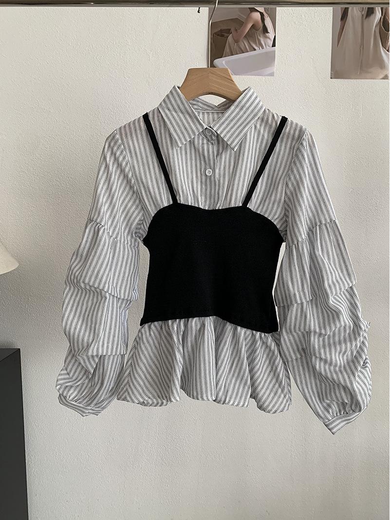 Oumalai Spring 2026 Waist-Cinched Lapel Faux Two-Piece Long-Sleeved Shirt Top One Size