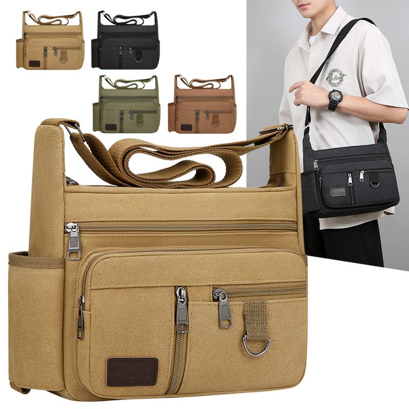 Men's New Large Capacity Crossbody Bag Multi Functional Water Cup Commuting Shoulder Bag Casual Travel Canvas Bag
