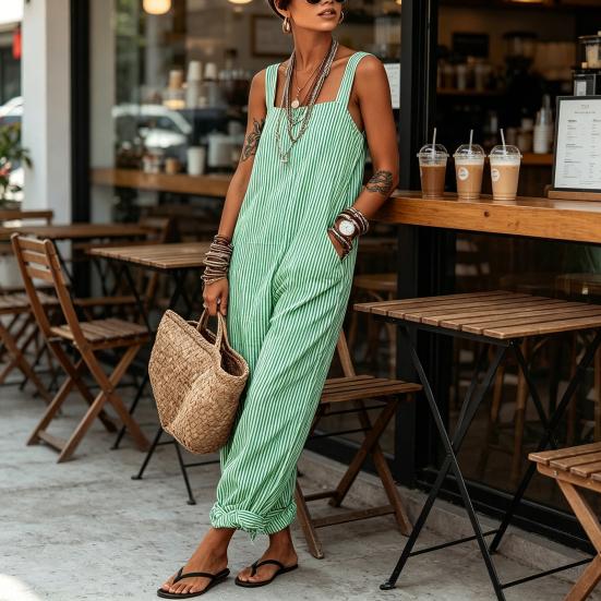 Loose Striped Wide Leg Jumpsuit for Women, Square Neck Sleeveless Wide Leg Rompers with Pockets, Casual Summer One Piece Outfit