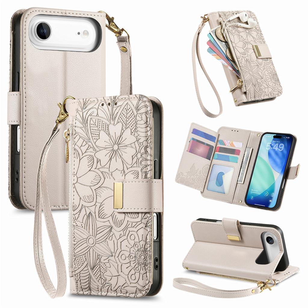 For iPhone Air Case Floral Leaf Pattern Multi Card Slots Zipper Leather Phone Cover with Wrist Strap