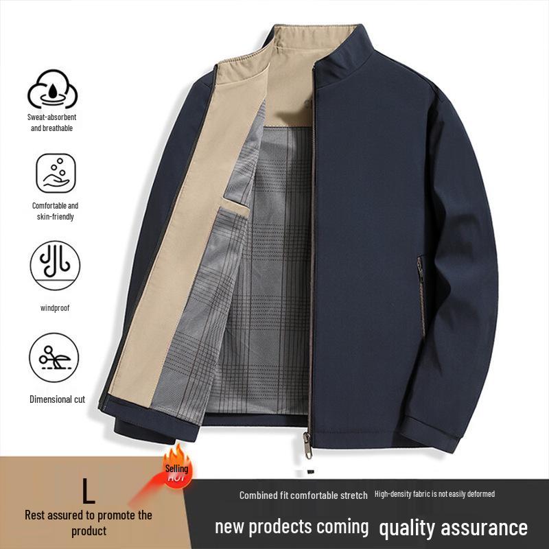 

Men s Autumn Business Casual Stand-Up Collar Jacket - Solid Color Zipper Coat L темно-синього кольору