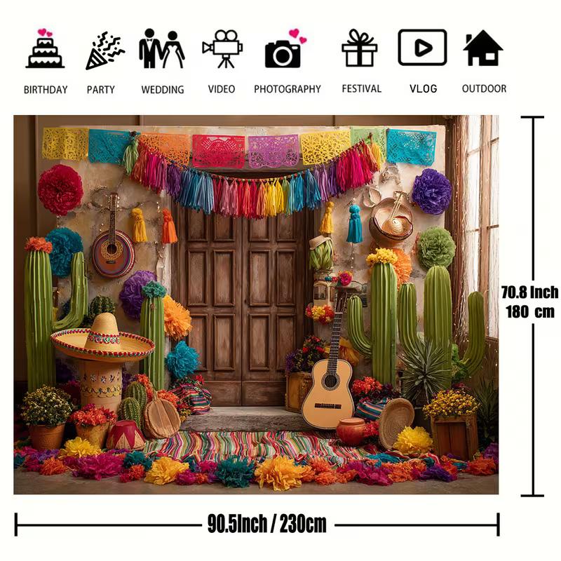 2D Mexican Fiesta Backdrop, Cinco De Mayo Cactus Guitar Photography Background