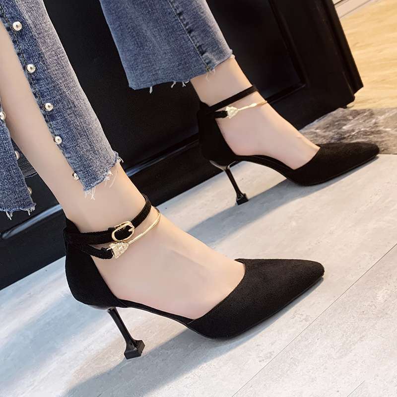 Black high heels women 2025 European station model fashion sexy temperament pointed one-word button stiletto sandals