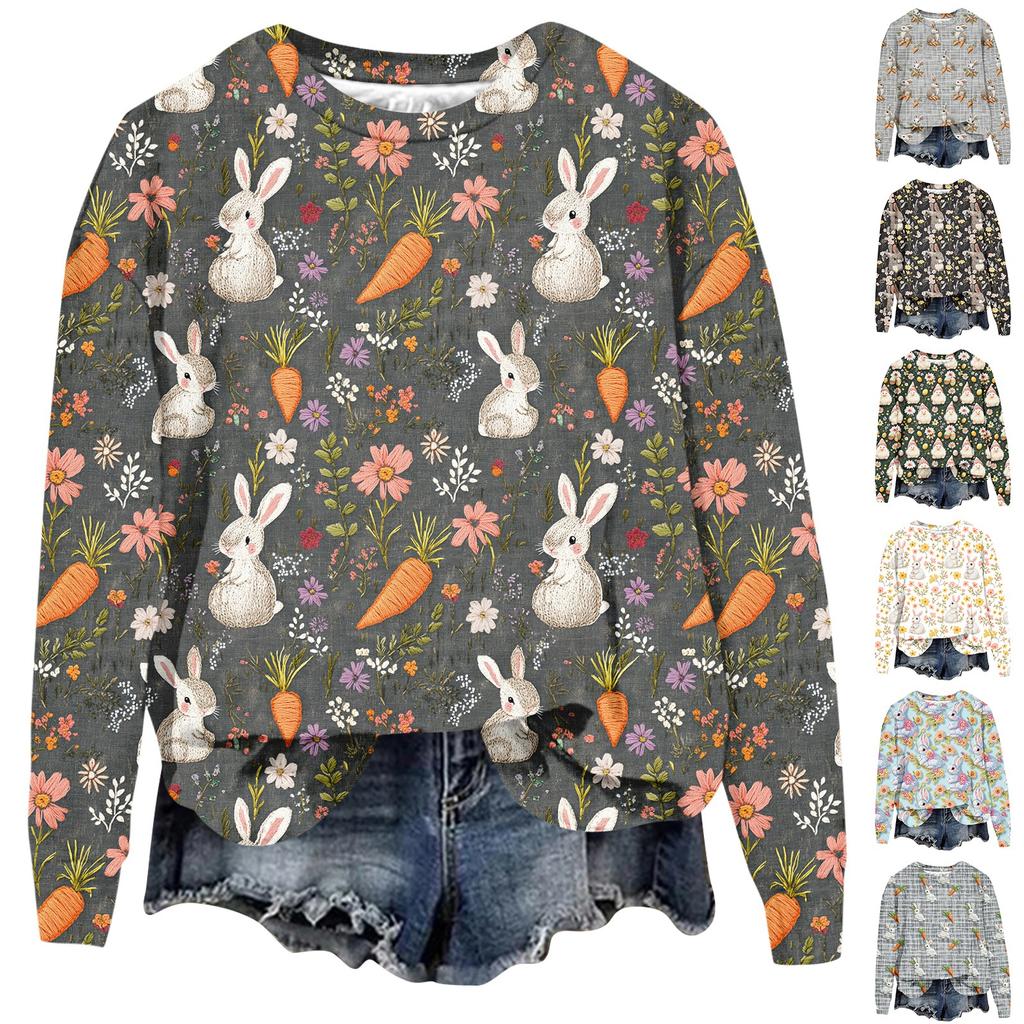 Women's Fashion Easter Printed Long Sleeve Loose Round Neck Sweatshirt Top