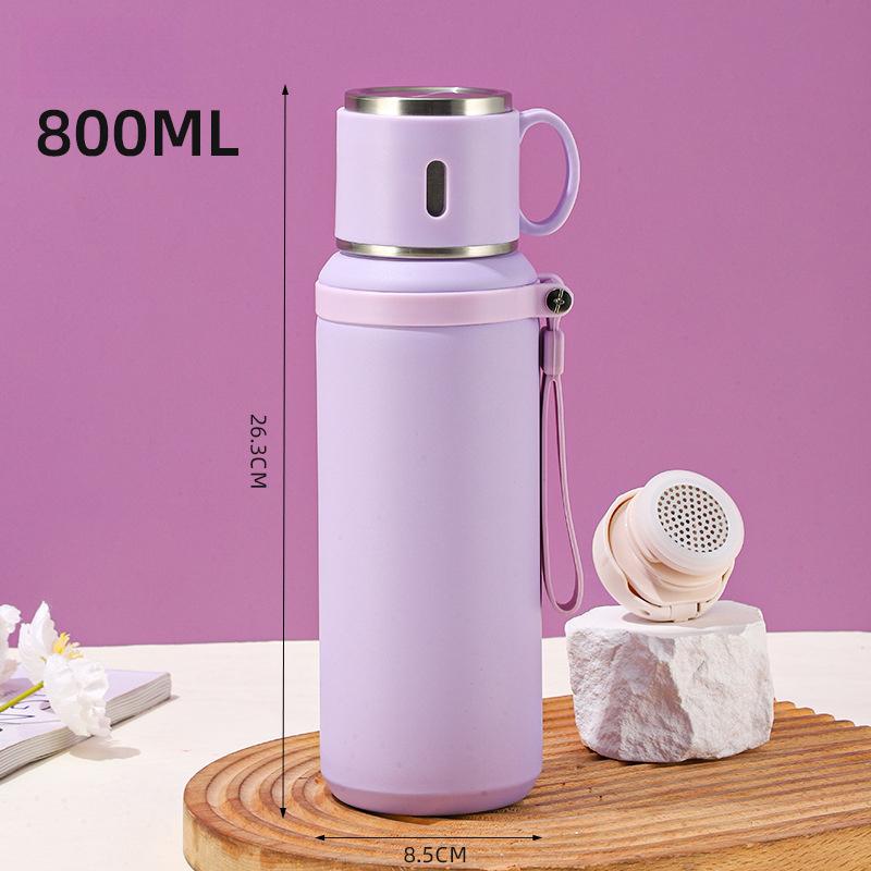 Stainless Steel Insulated Bottle With Cup Lid Tea Infuser Portable Travel Thermos Mug With Strap Leakproof 600ml 800ml For Office Outdoor Use