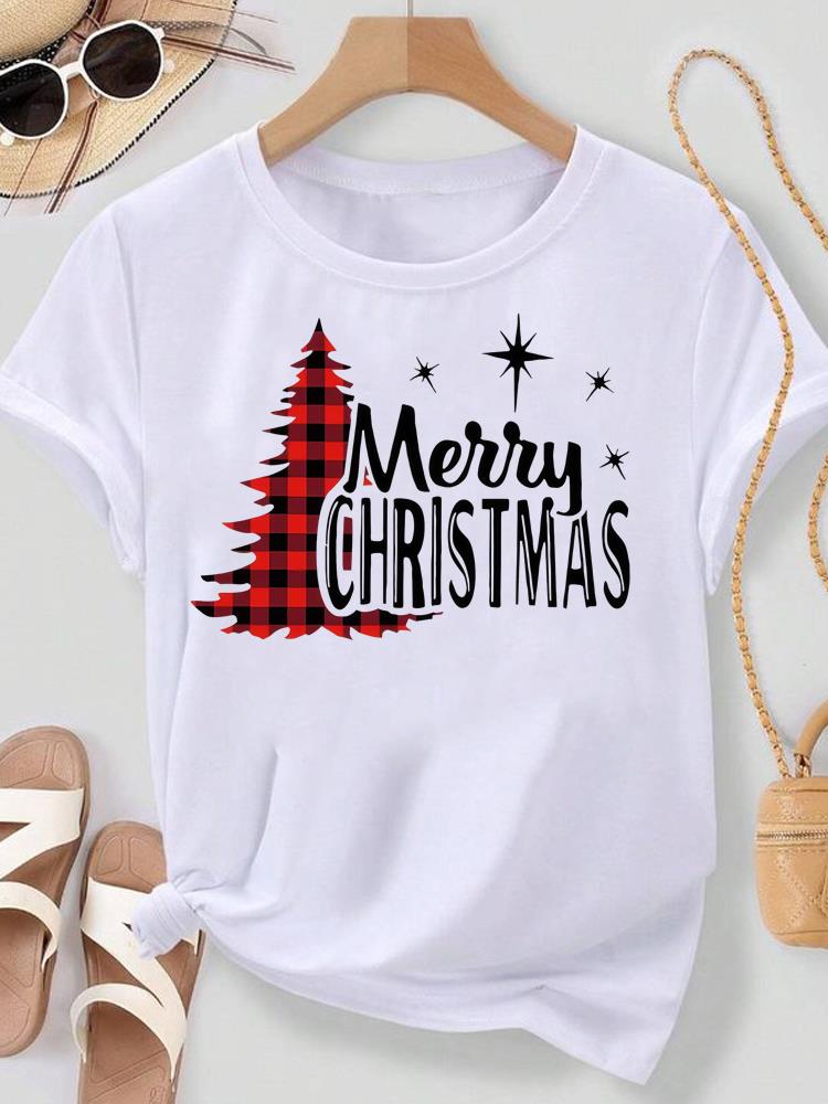 (Asian Size) Merry Christmas New Year Women's Top T Tee Festival O-neck Plaid Tree Style Clothing Print Fashion Ladies Graphic T-shirts