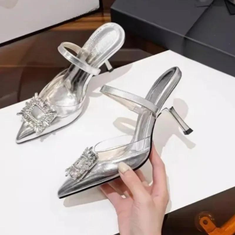 

Модная корейская версия трендовых туфель-лодочек с острым носком на высоком каблуке, новинка 2025 года, французские стразы с одним ремешком, сандалии для женщин 40 серебряный
