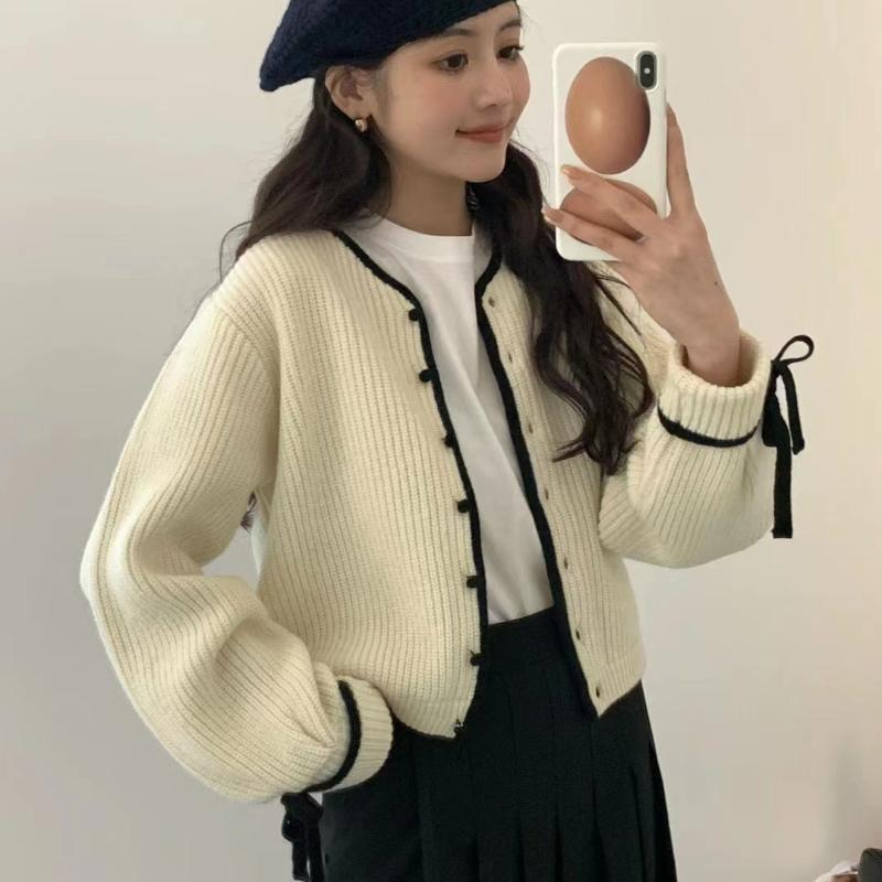 Autumn New Sweet Bow Long Sleeve Casual Sweater Coat Women Winter Solid V Neck Knitted Cardigan Sweaters Women Elegant Slim Knitwear Cardigans 25232