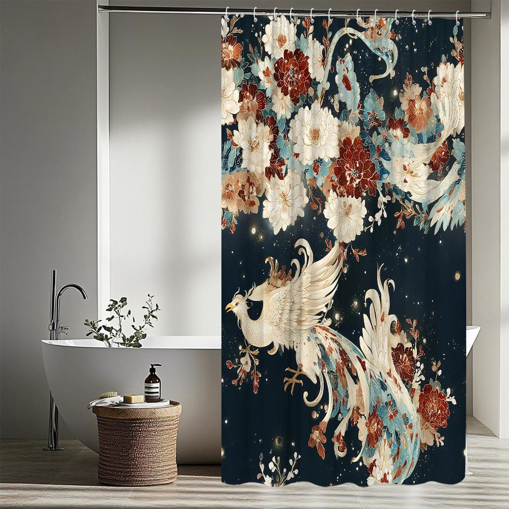 1pc Crane and Floral Pattern Shower Curtain, Comfortable Bathroom Decor, Polyester Fabric with 12 Hooks, 70. 8x70. 8 Inches