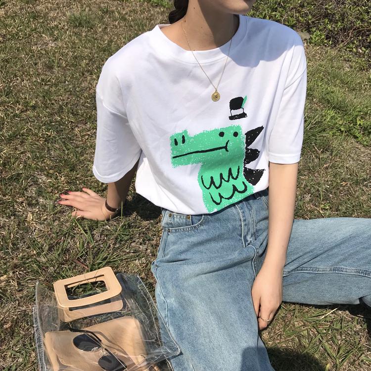 Summer Women Funny Cartoon Print T-Shirt Girl Harajuku Round Neck Loose Casual Y2K Harajuku Tops Graphic Tees Graphic T Shirts