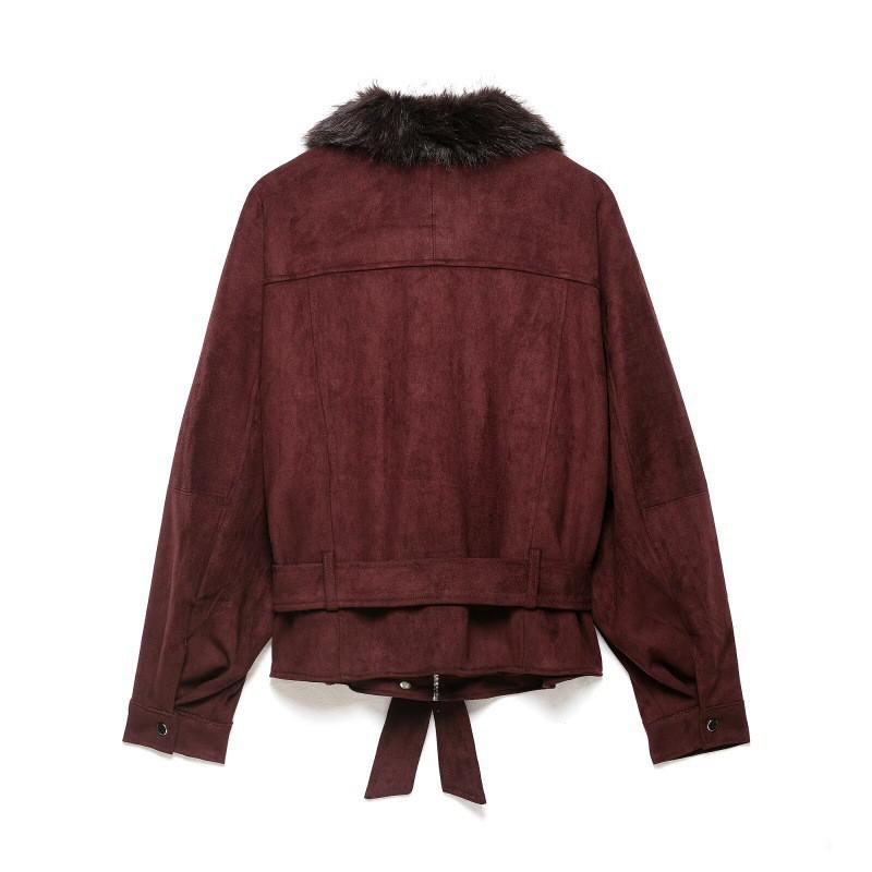 PBZA Womens Faux Fur Collar Belted Jacket Solid Color Casual Commute Outerwear