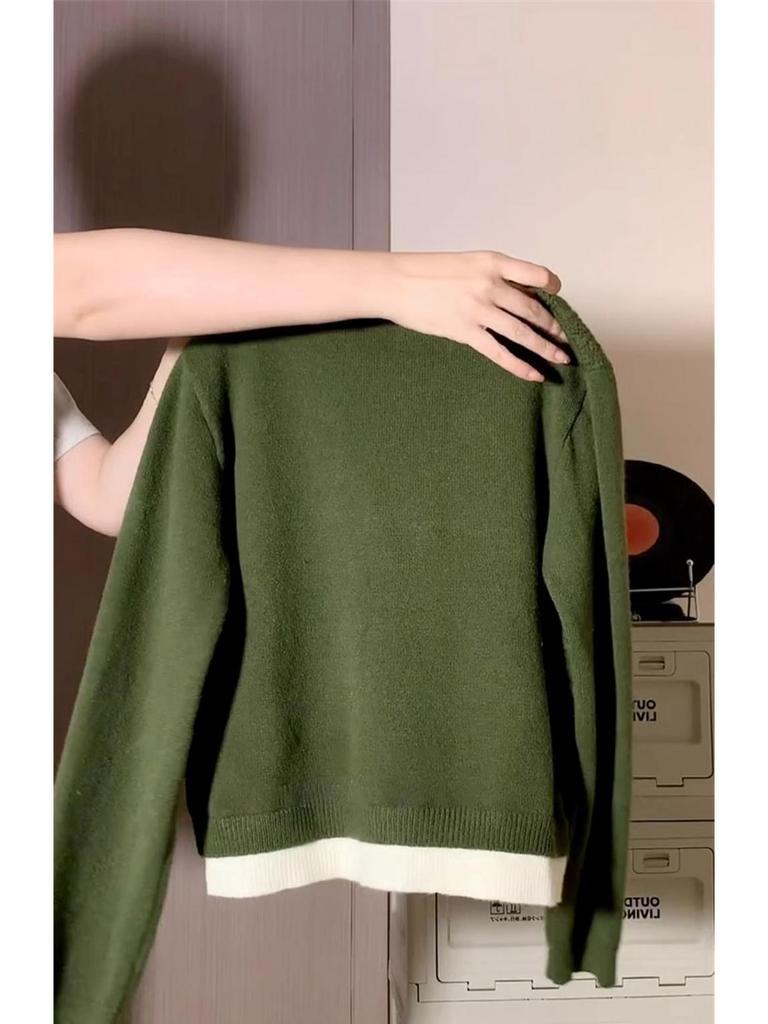 Green Faux Two-Piece Knitted Sweater Dress – Women's Korean Style Plaid Long Dress for Spring & Autumn