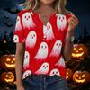 Women's Casual Halloween Printed V-Neck Short Sleeve Button Front T-Shirt