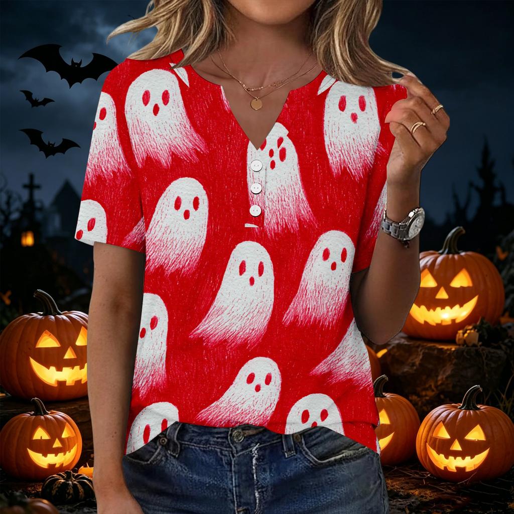 Women's Casual Halloween Printed V-Neck Short Sleeve Button Front T-Shirt