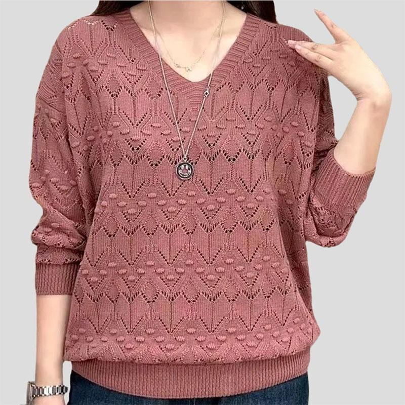 Summer   Women's Thin Hollow Plus Size Sweater  Solid Color V-Neck Loose Knit Pullover Sweater
