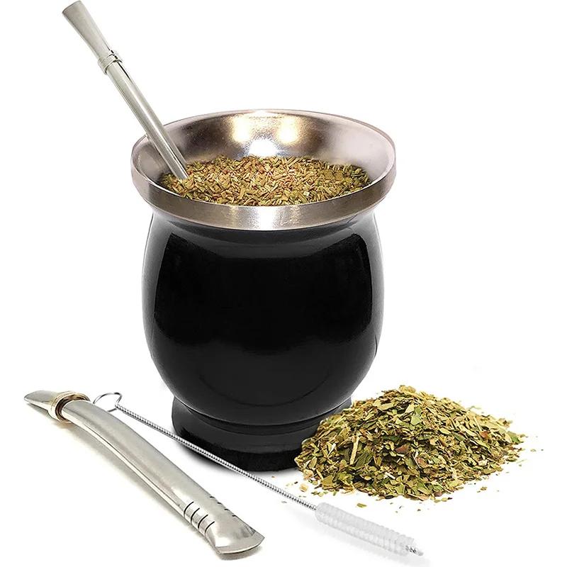8oz Stainless Steel Mate Cup Argentinean Gourd Shaped Double Insulated Cup with Stir Filter Straw Spoon Set