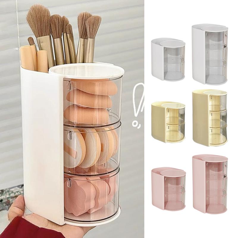 

Вращающийся прозрачный органайзер для украшений, прозрачный ящик для хранения кистей для макияжа, контейнеры для спонжей для макияжа в ванной