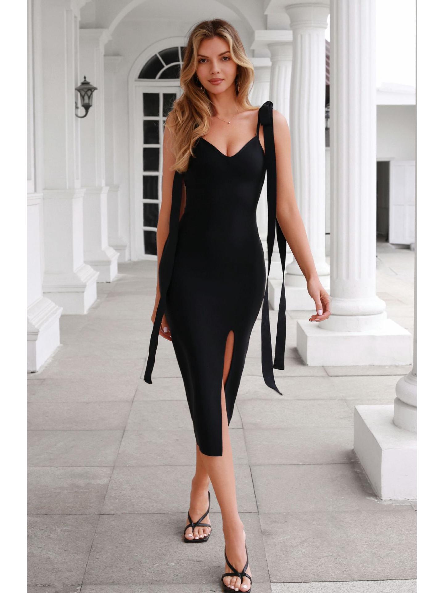 

Европейско-американское черное платье-бандаж с разрезом S чёрный