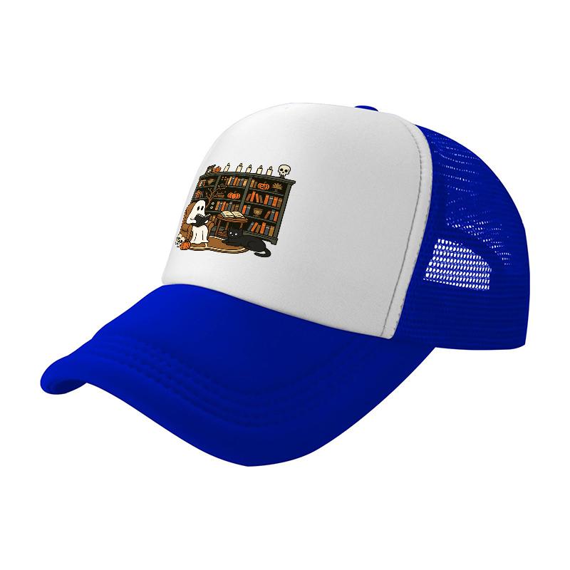 Library Cats Bookshelf Design Mesh Baseball Cap Breathable Trucker Hat for Cat Lovers Reading Theme Fashion Accessory