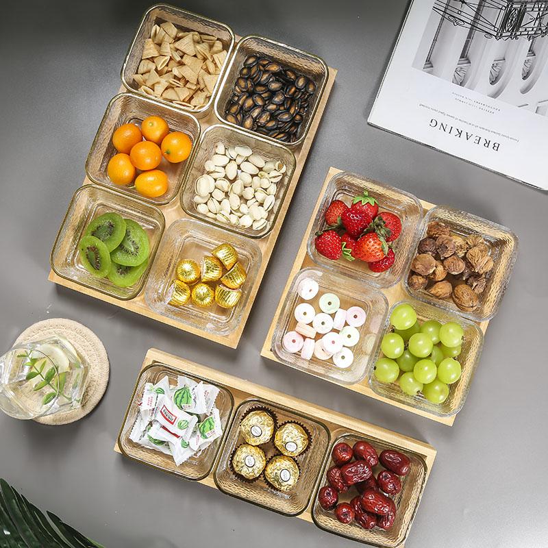 Lätt Lyx Delad Torkad Fruktfat Hushåll Glas Frukt Snacksfat Bambuträbricka Snacksfat Fyrkantig Skål Godislåda