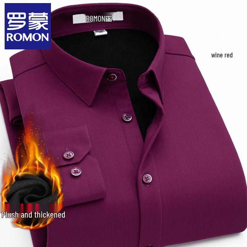 Luomeng Men's Fleece-Lined Wrinkle-Free Business Casual Long-Sleeve Shirt