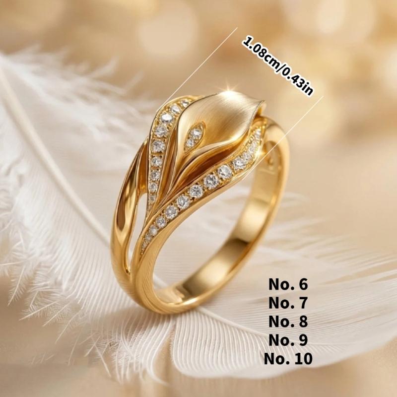Gold Tone Floral Ring for Women, Calla Flower Zircon Fashion Jewelry with Openwork Detail for Date Night Styling