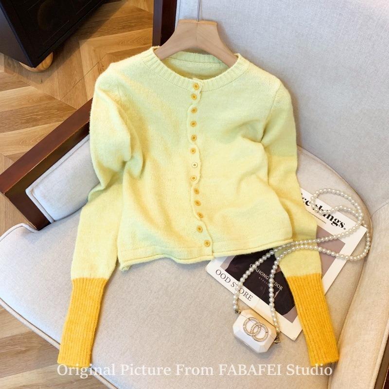 

Dark gray button sweater cardigan women s spring knitted bottoming shirt lazy wind contrasting color cuff splicing top L