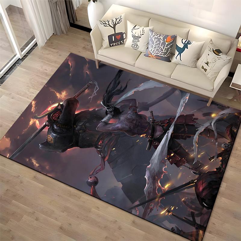 Samurai Warriors Kampfszene Teppich mit feurigem Dark Fantasy Design Geeignet zur Verwendung als Antirutsch für Wohnzimmer Schlafzimmer Sofas