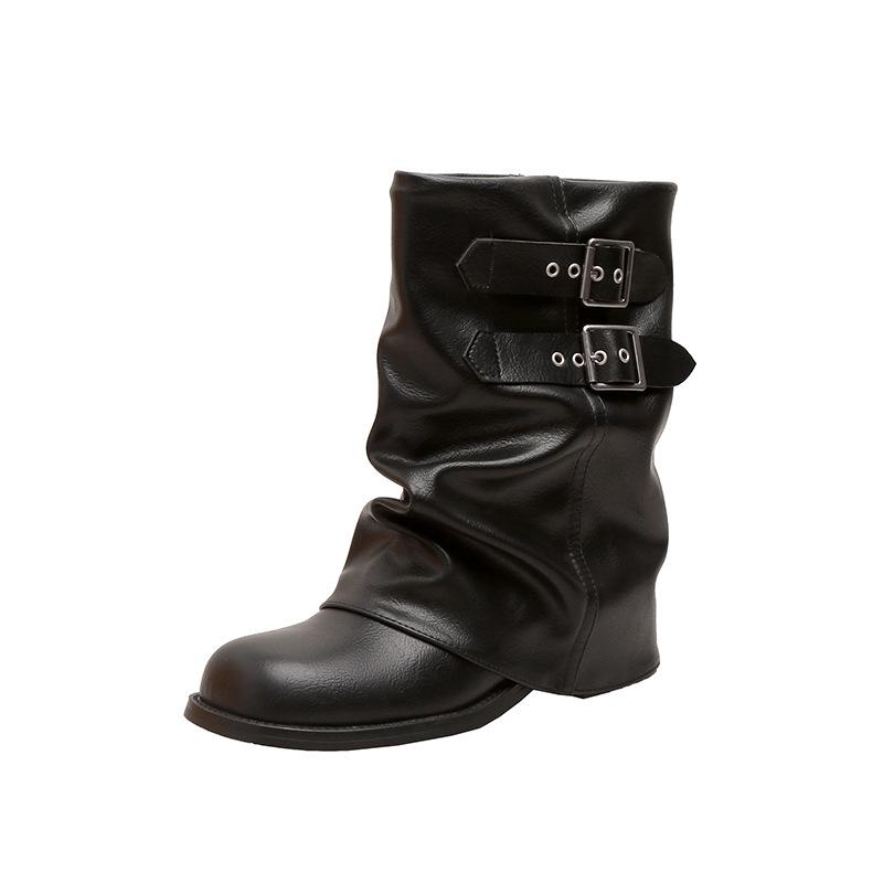 Western jeans tube short boots women's 2025 new autumn thick heel pleated pile boots retro British Martin boots