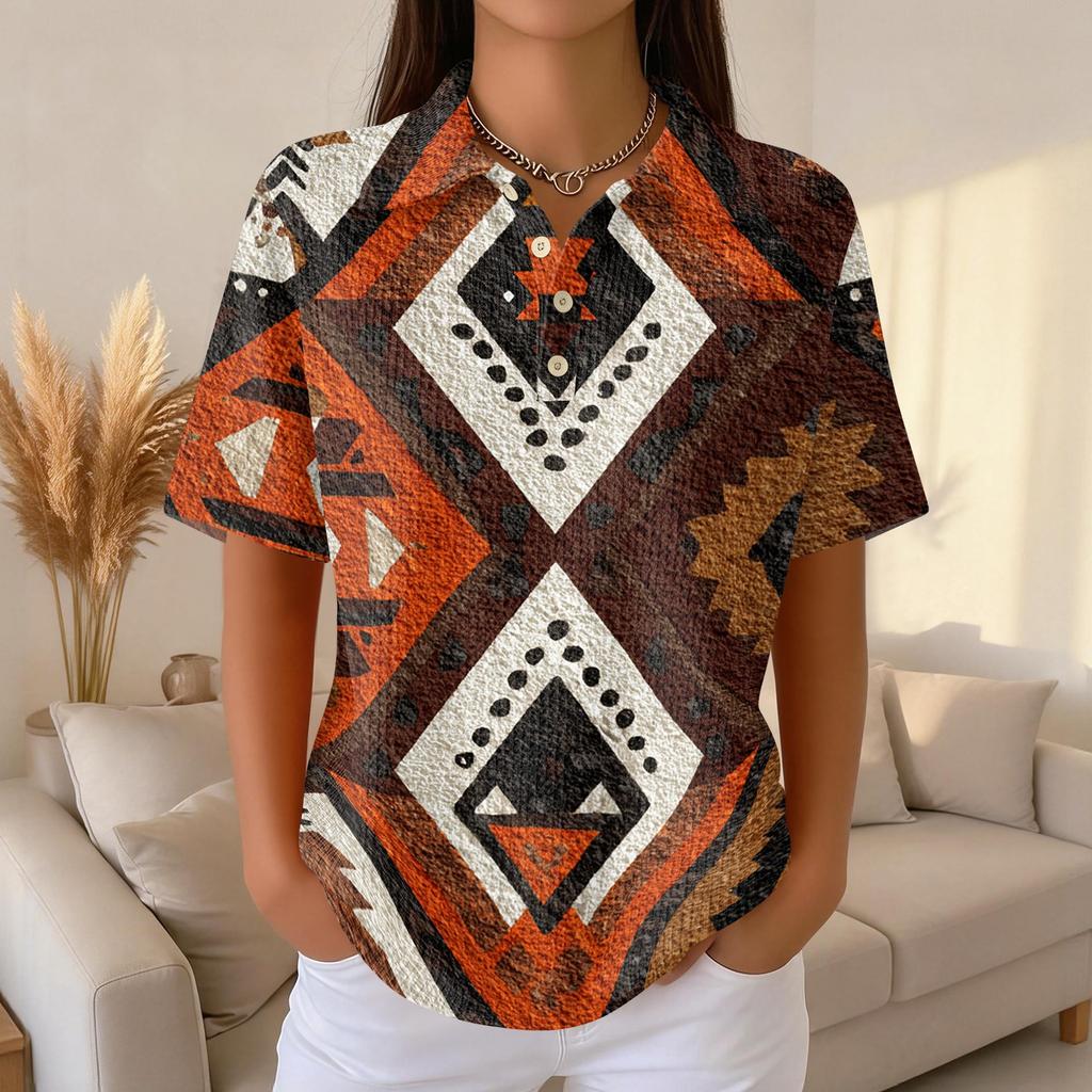 Women's Casual Short Sleeve Waffle Knit Polo Shirt Retro Floral Print Button Down Top Lightweight Breathable Summer Blouse