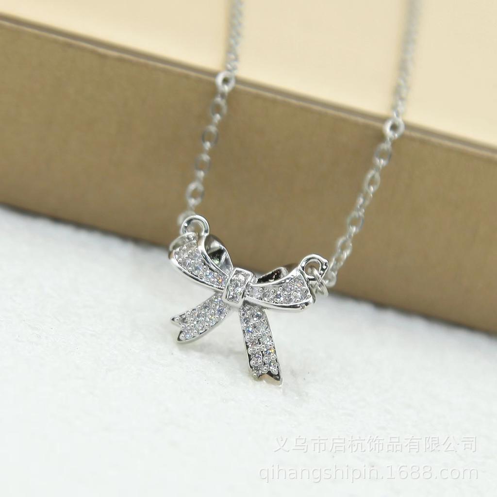 Bow Necklace Women'S Light Luxury Design Simple Micro-Inlaid Pendant Collarbone Chain Necklace