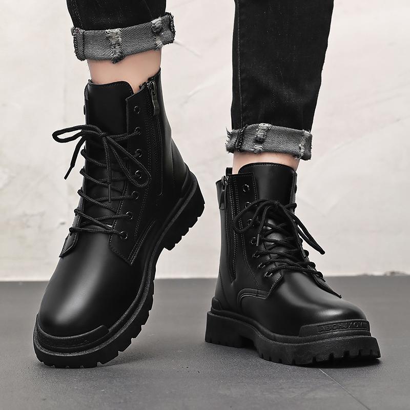 Fashion Black Men Leather Boots Winter Warm Mens Ankle Boots Outdoor High Top Casual Shoes with Fur Lace-Up Leisure Work Boots