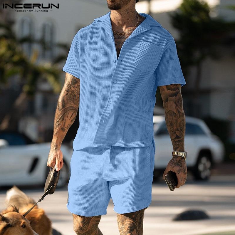 INCERUN Two Pieces Men Short Sleeve Buttons Shirts Short Pants Texture Casual Sets