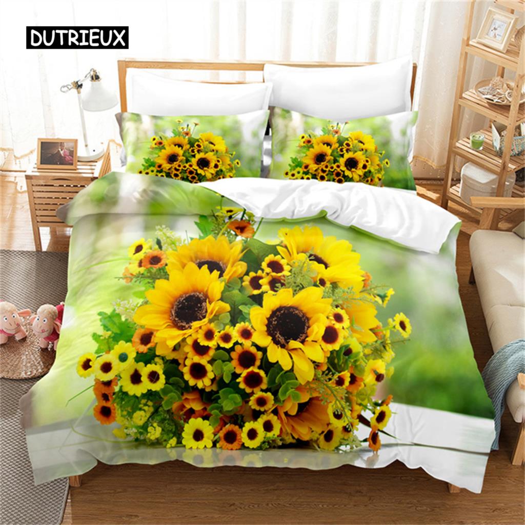 Sunflower Bedding Set Yellow Plant Flowers Duvet Cover Botanical Landscape Quilt Cover Girls Women Bedroom Gorgeous Decorations