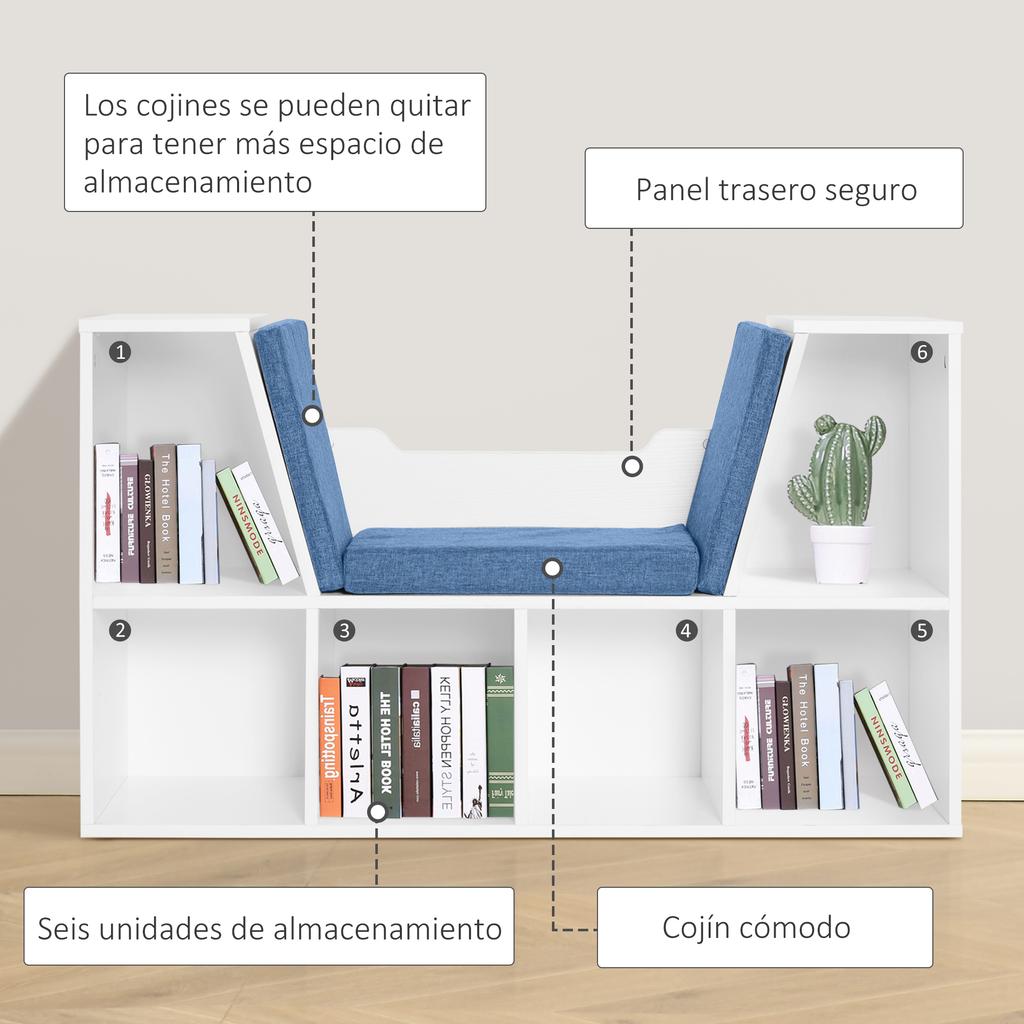 Bookshelf with Seat, 6 Cubes, Cushion, 102 x 30 x 61 cm, White and Blue