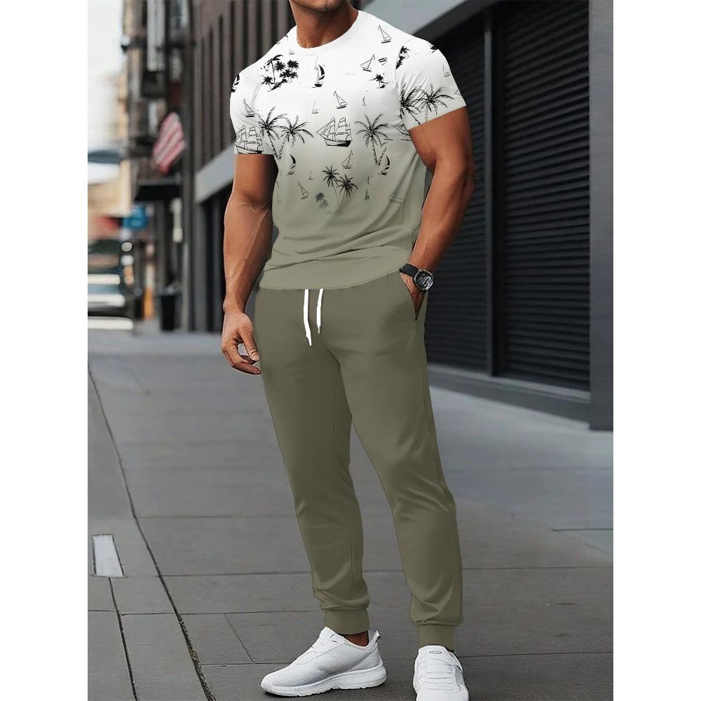Summer New Men's Short-Sleeved Long Pants Set with 3D Pattern Printing for Street Casual Fashion Soft and Comfortable