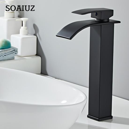 Brushed Nickel Waterfall Bathroom Faucet Modern Single Handle Ceramic Valve Core Sink Faucet with Hose Deck Plate (High Style)