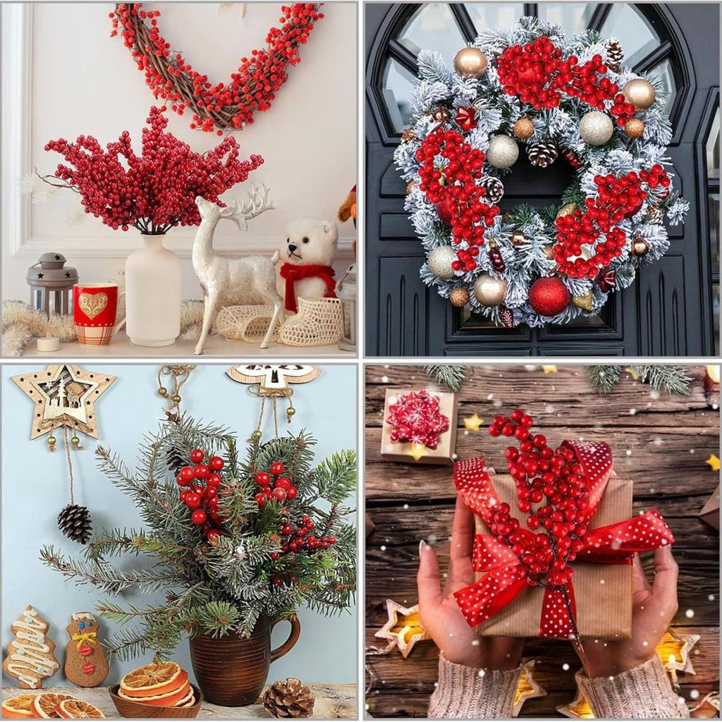 Artificial Berries Branches Christmas Red Holly Berry Stem DIY Flowers Simulation Plant Xmas Tree New Year Party Decor Ornaments