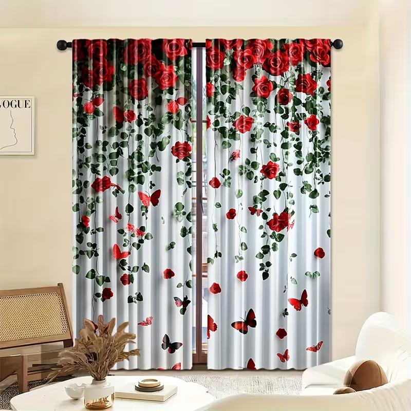 2PC White Red Rose Vine Sheer Curtains - Romantic Floral Butterfly Print Window Drapes for Bedroom Living Room Decor