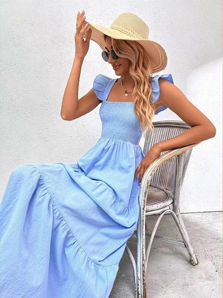 2026 Summer Square Collar Ruffles Sleeve Dress Women's Casual Elegant Solid Patchwork Pleated Empire Lady Party Dress Vestidos