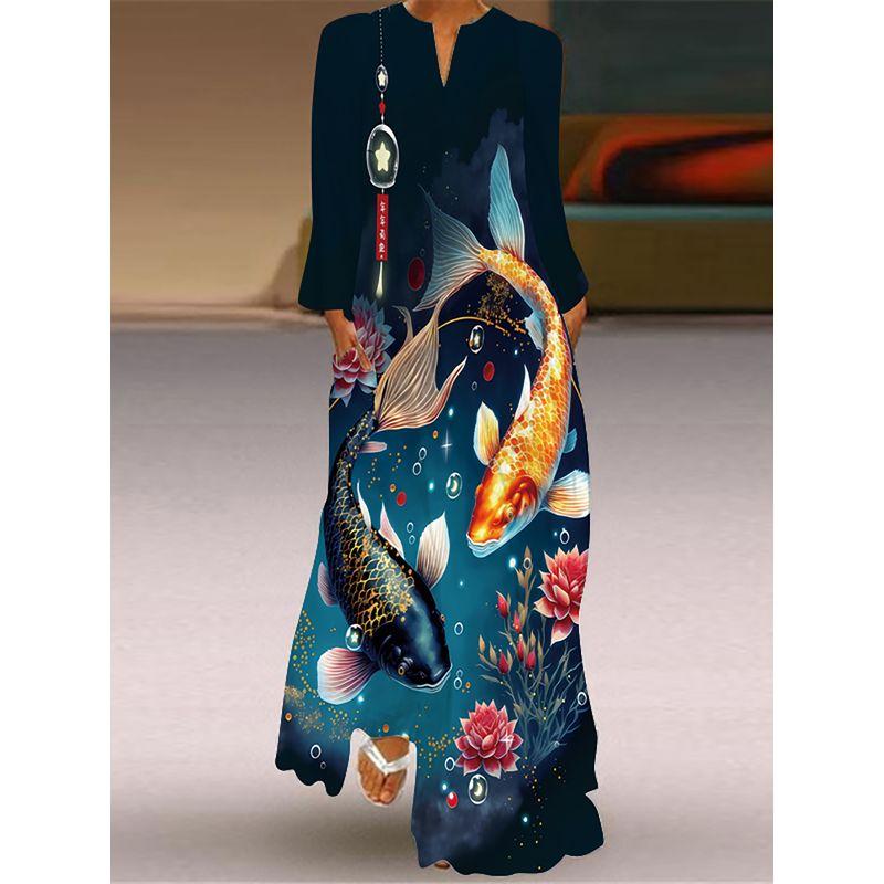 Chinese Style Dress Fancy Carp Pattern Print Long Sleeve Dress Travel Photography Stage Show Performance Costume